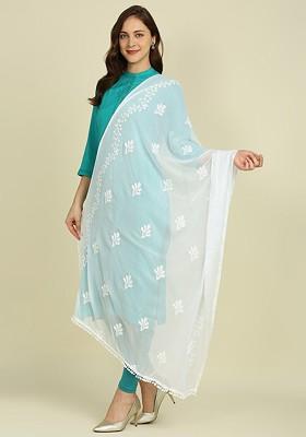 White Poly Blend Embroidered Thread Work Dupatta