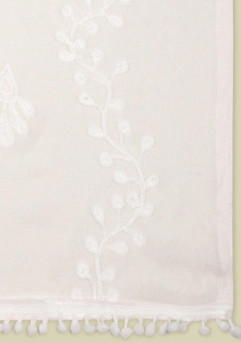 White Poly Blend Embroidered Thread Work Dupatta