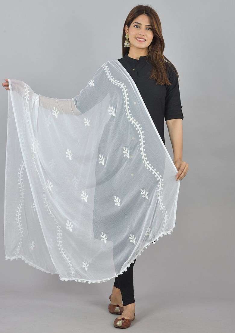 White Poly Blend Dupatta - Indya
