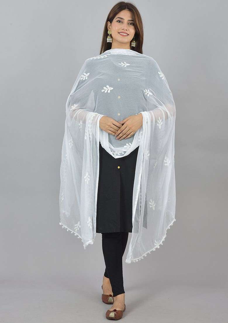 White Poly Blend Dupatta - Indya