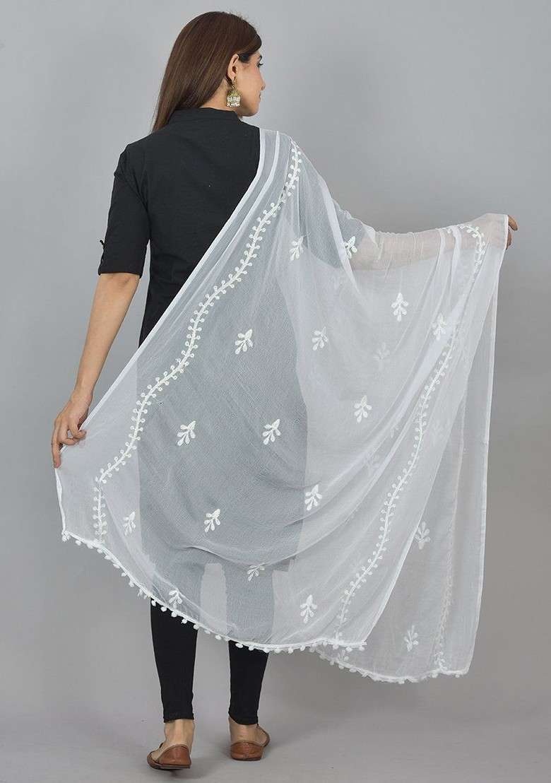 White Poly Blend Dupatta - Indya