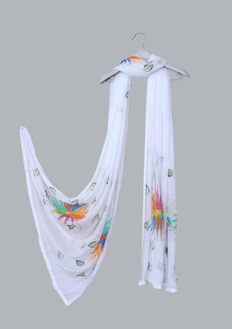 White Floral Printed Chiffon Dupatta