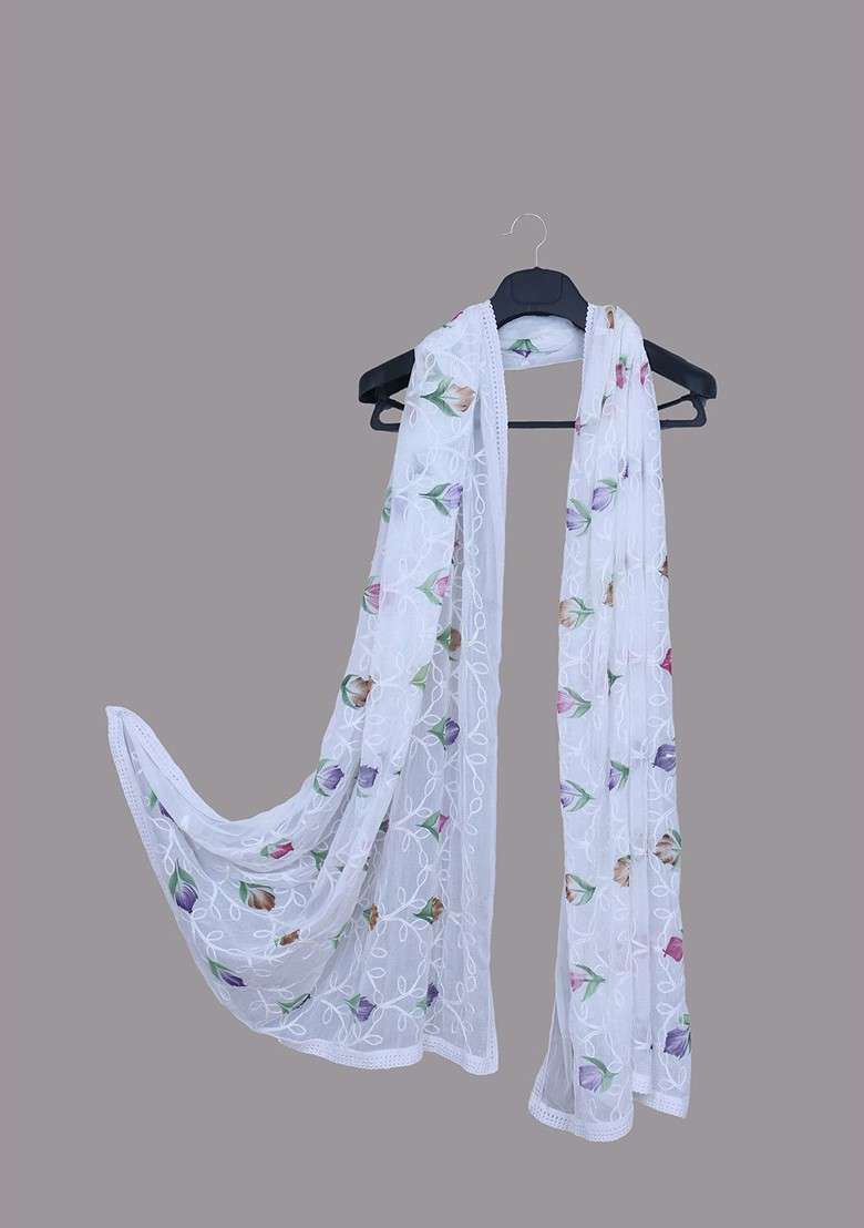 White Floral Embroidered Chiffon Dupatta - Indya