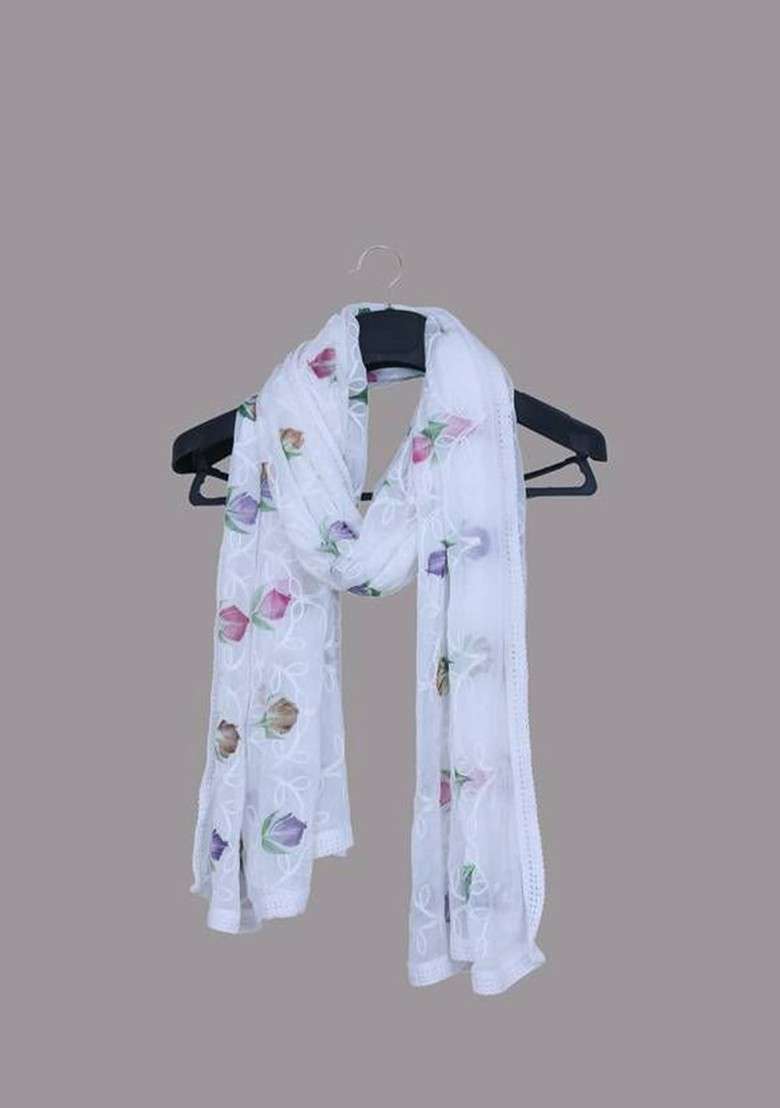 White Floral Embroidered Chiffon Dupatta - Indya