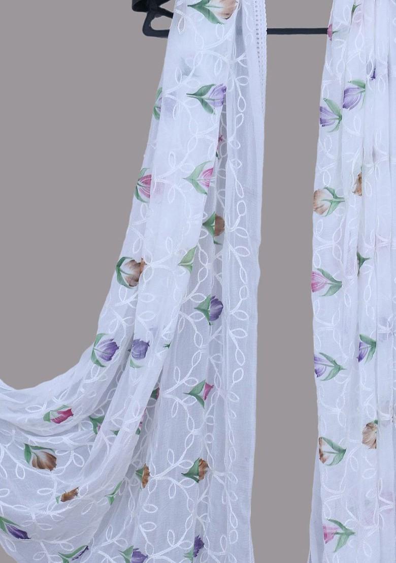 White Floral Embroidered Chiffon Dupatta