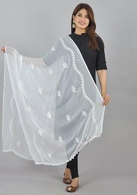 White Poly Blend Embroidered Dupatta