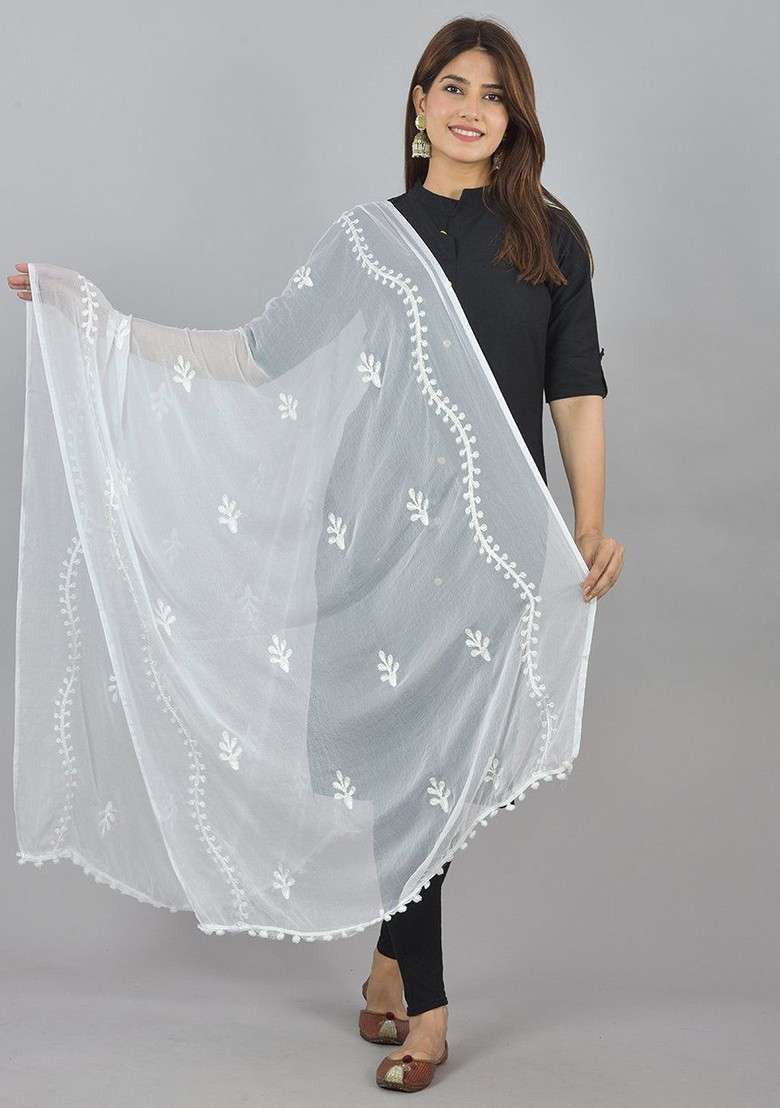White Poly Blend Embroidered Dupatta - Indya