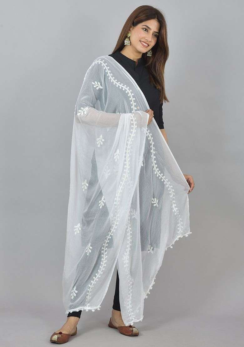 White Poly Blend Embroidered Dupatta - Indya
