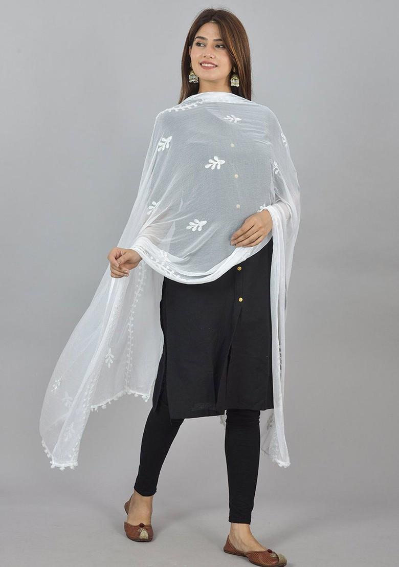 White Poly Blend Embroidered Dupatta