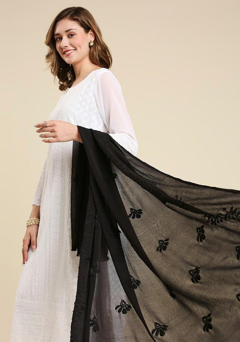 Black Chiffon Embroidered Chiffon Thread Work Dupatta
