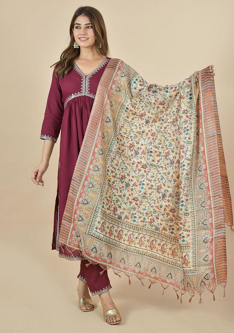 Beige Poly Blend Ethnic Motifs Printed Dupatta