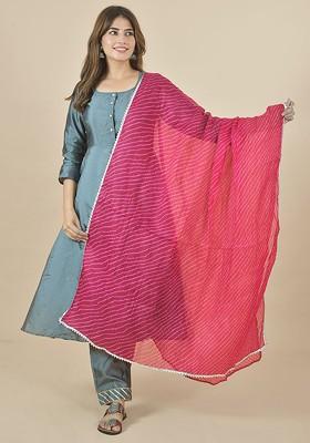 Pink Poly Blend Leheriya Printed Kota Doriya White Dupatta