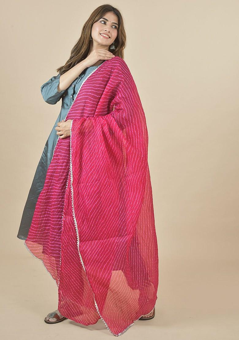 Pink Poly Blend Leheriya Printed Kota Doriya White Dupatta