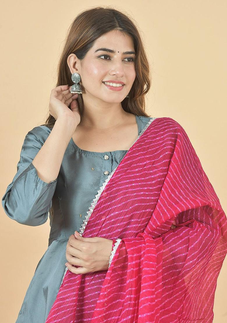 Pink Poly Blend Leheriya Printed Kota Doriya White Dupatta