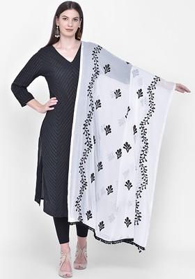 White Poly Blend Floral Embroidered Dupatta