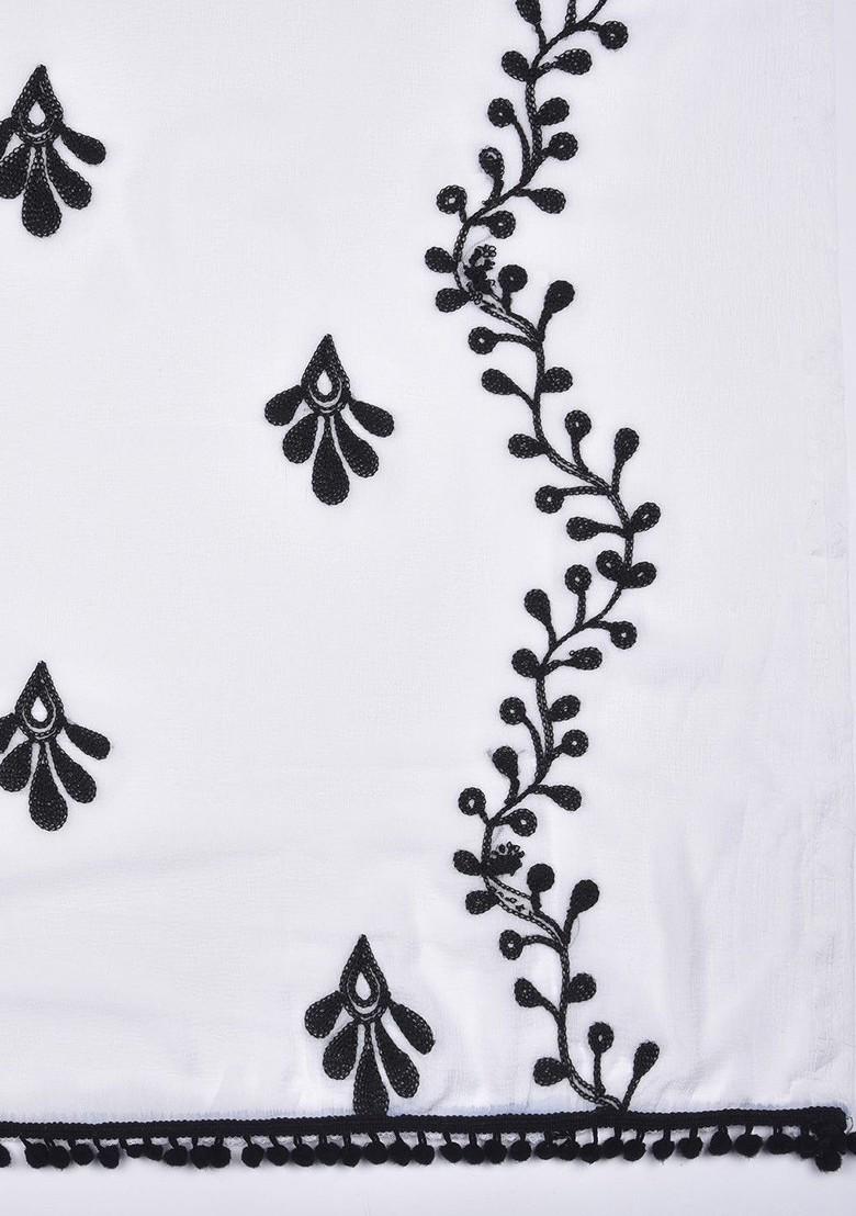 White Poly Blend Floral Embroidered Dupatta