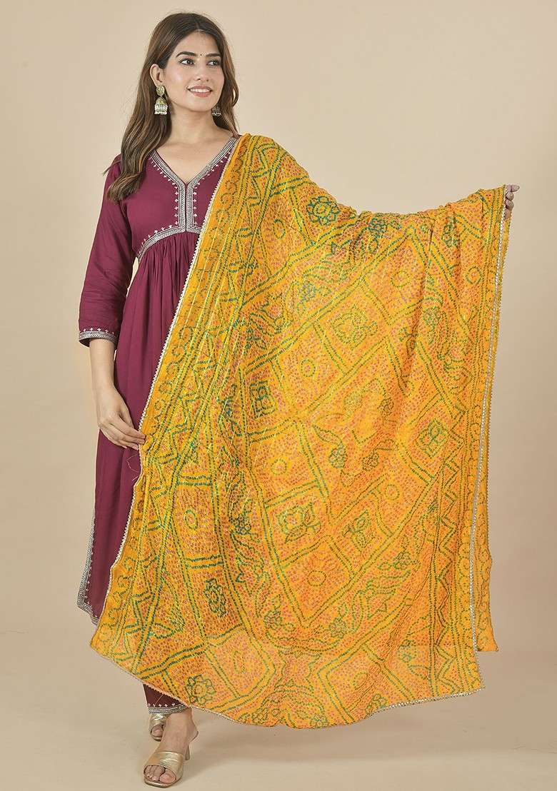 Yellow Poly Blend Bandhani Printed Gotta Patti Dupatta - Indya
