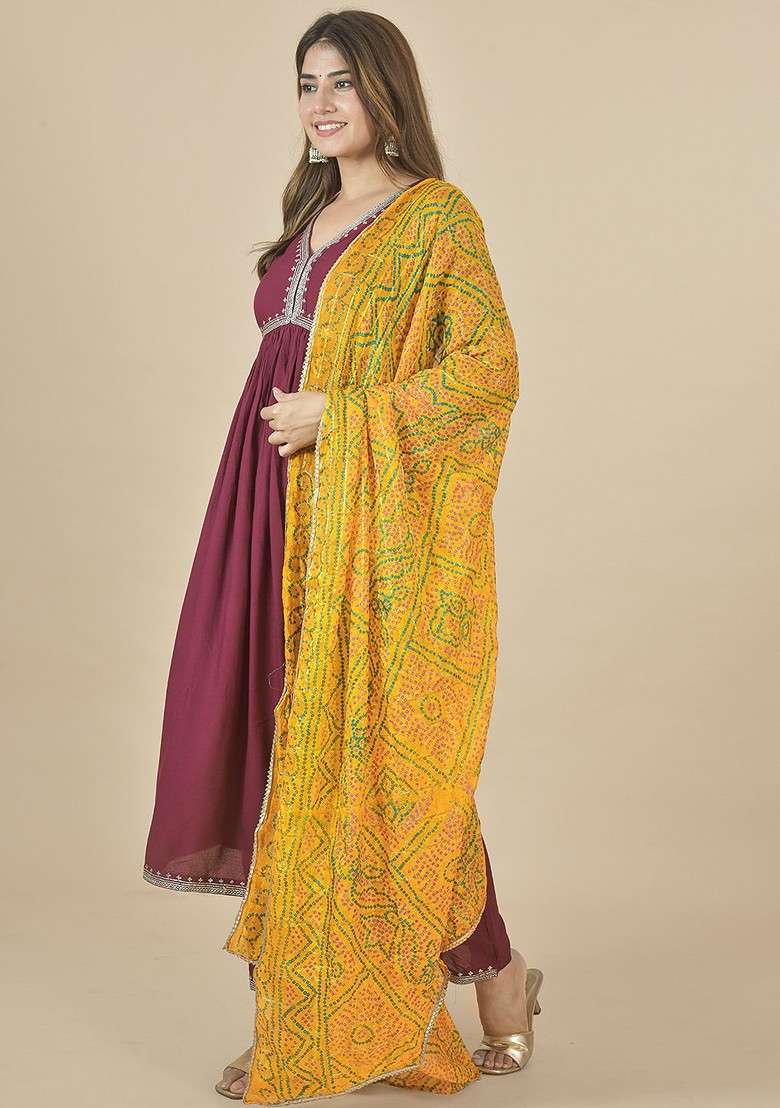 Yellow Poly Blend Bandhani Printed Gotta Patti Dupatta - Indya