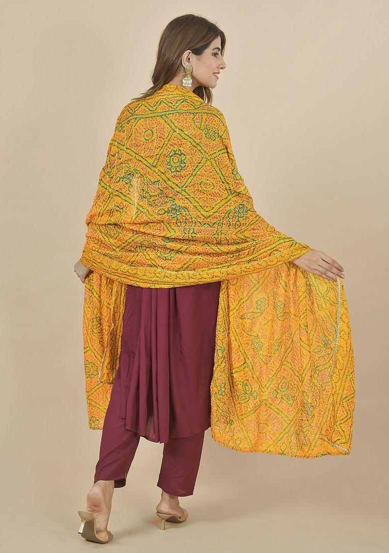 Yellow Poly Blend Bandhani Printed Gotta Patti Dupatta