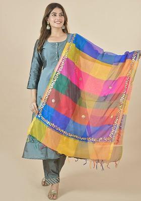 Pink Poly Blend Colourblocked Dupatta With Mirror Work