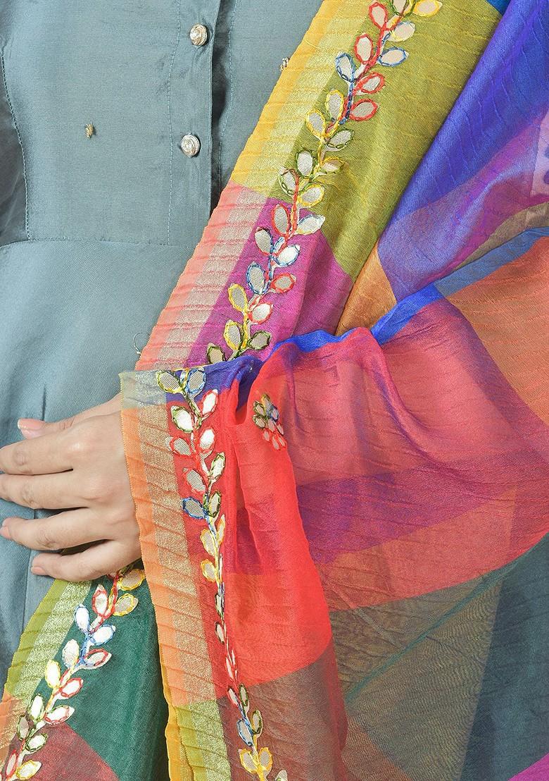 Pink Poly Blend Colourblocked Dupatta With Mirror Work