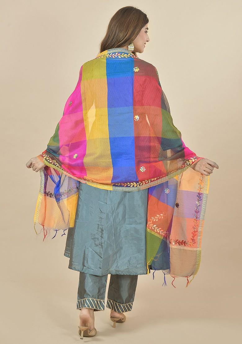 Pink Poly Blend Colourblocked Dupatta With Mirror Work