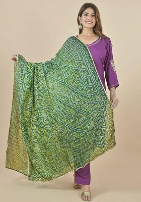 Green Poly Blend Bandhani Printed Dupatta