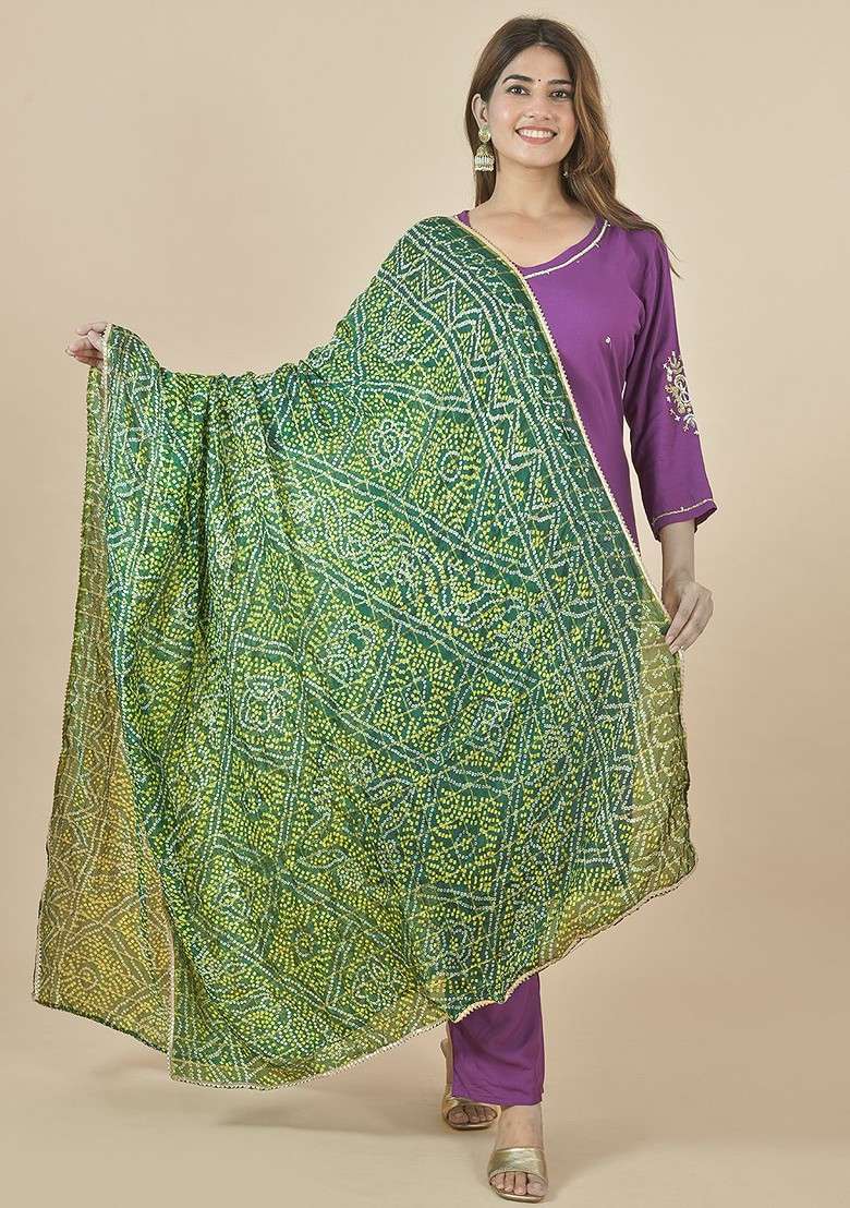 Green Poly Blend Bandhani Printed Dupatta - Indya