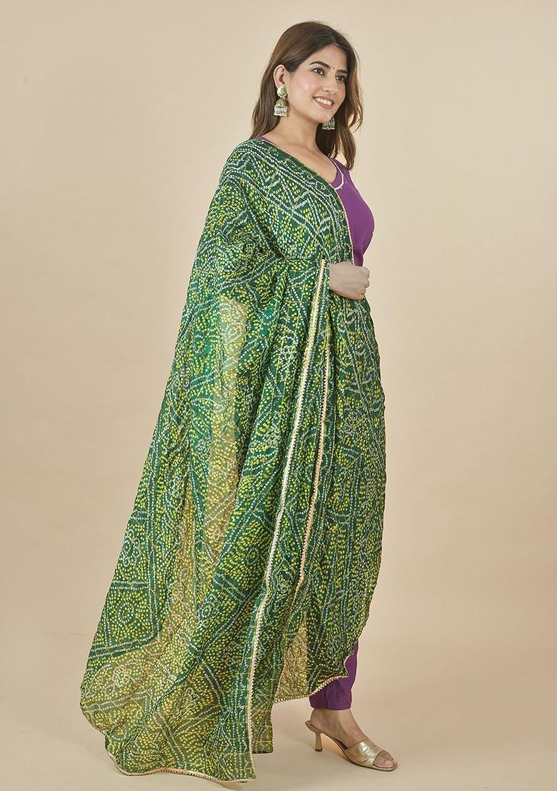 Green Poly Blend Bandhani Printed Dupatta