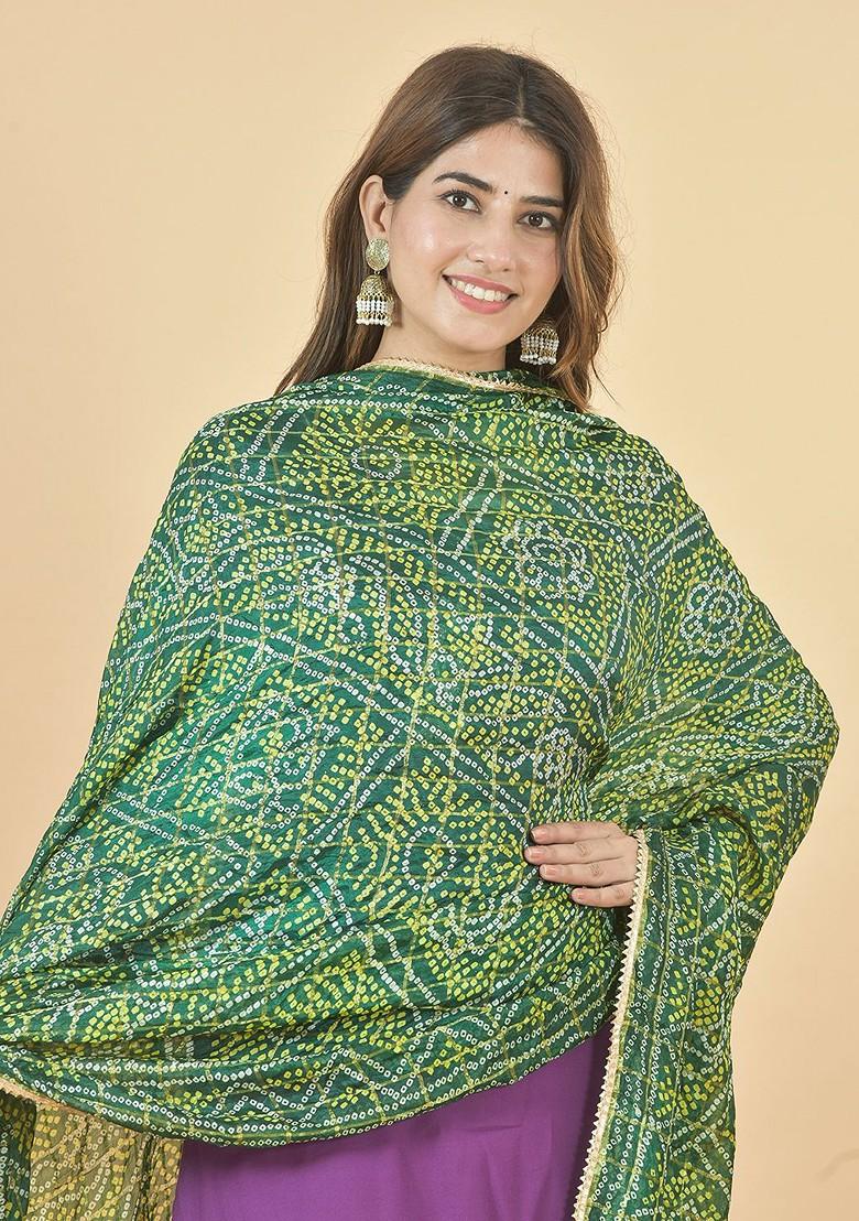 Green Poly Blend Bandhani Printed Dupatta