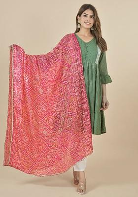 Pink Poly Blend Bandhani Printed Dupatta