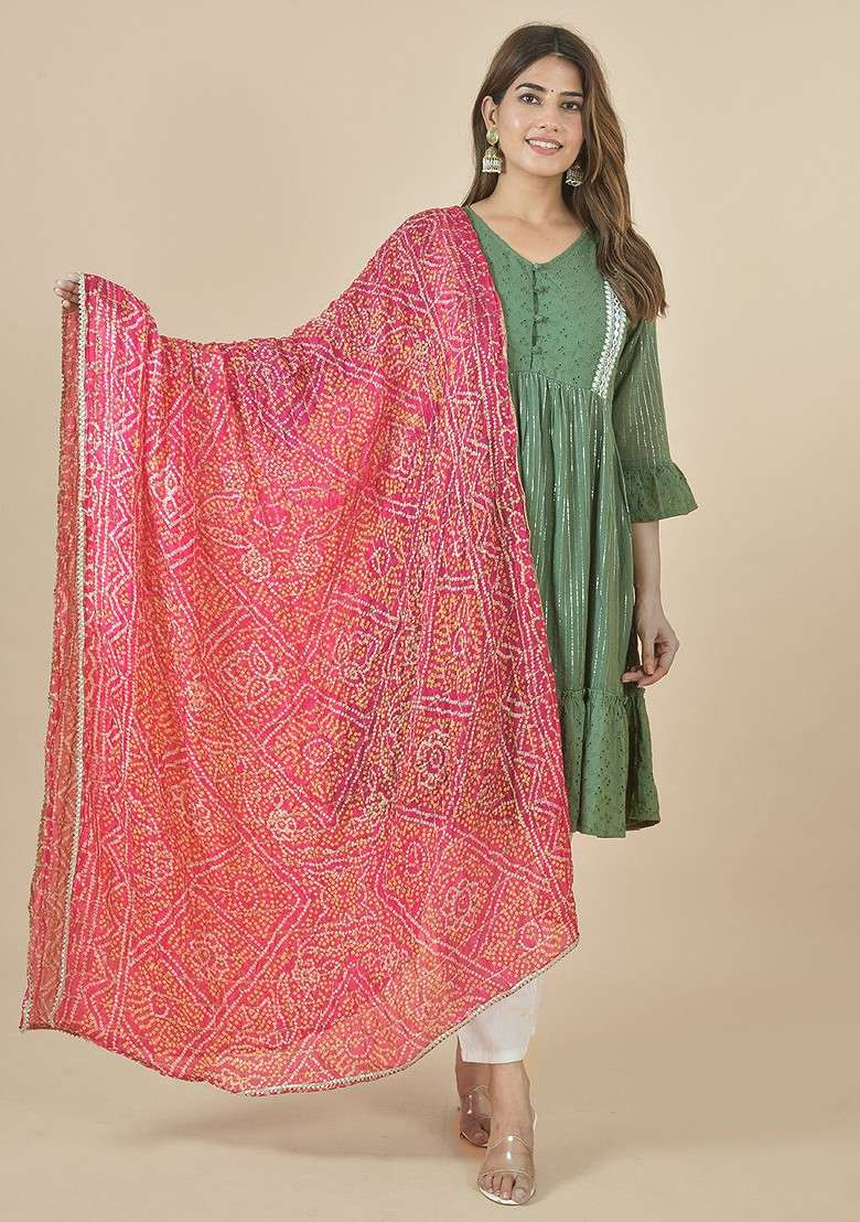 Pink Poly Blend Bandhani Printed Dupatta - Indya