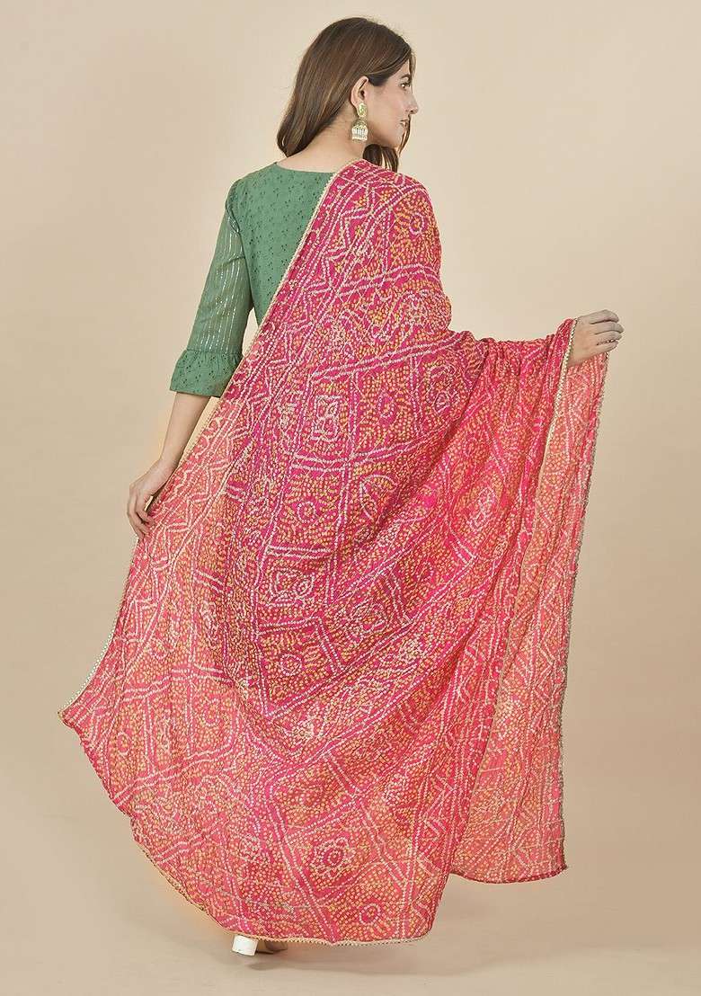 Pink Poly Blend Bandhani Printed Dupatta - Indya