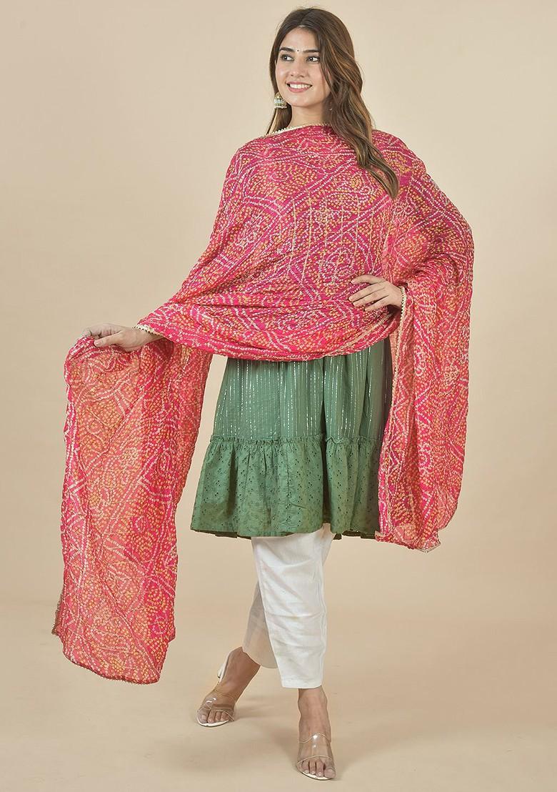 Pink Poly Blend Bandhani Printed Dupatta