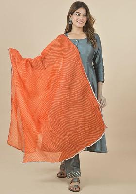 Orange Poly Blend Leheriya Printed Cotton Dupatta