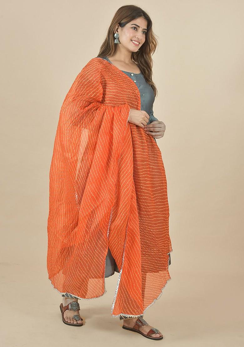 Orange Poly Blend Leheriya Printed Cotton Dupatta
