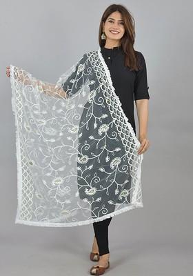 White Poly Blend Embroidered Dupatta With Mirror Work