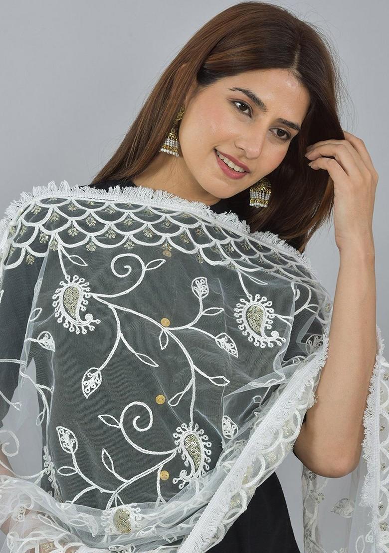 White Poly Blend Embroidered Dupatta With Mirror Work