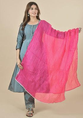 Pink Poly Blend Leheriya Printed Cotton Dupatta