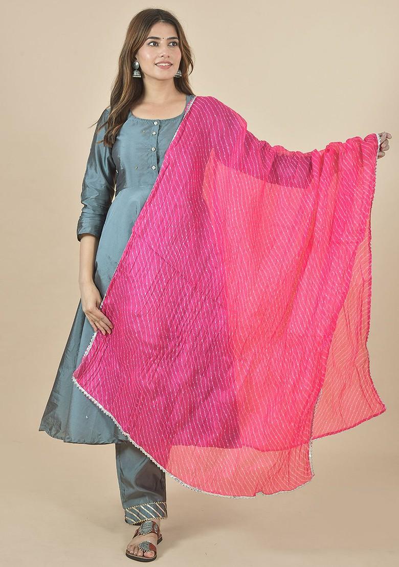 Pink Poly Blend Leheriya Printed Cotton Dupatta