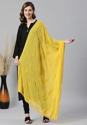 Yellow Poly Blend Embroidered Thread Work Dupatta