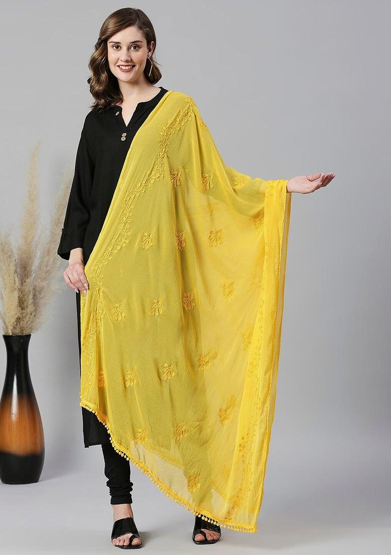 Yellow Poly Blend Embroidered Thread Work Dupatta