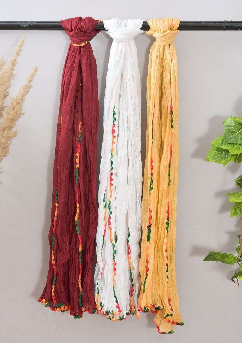 Maroon Poly Blend Pack Of 3 White Dupattas - Indya