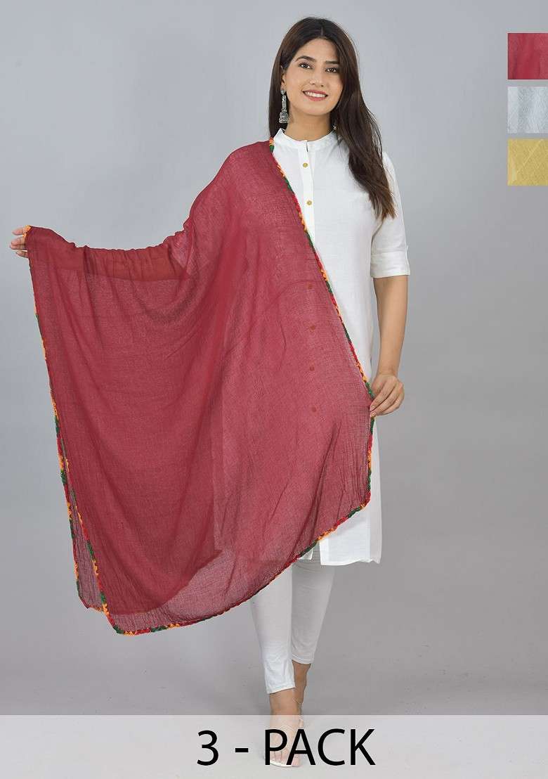 Maroon Poly Blend Pack Of 3 White Dupattas - Indya