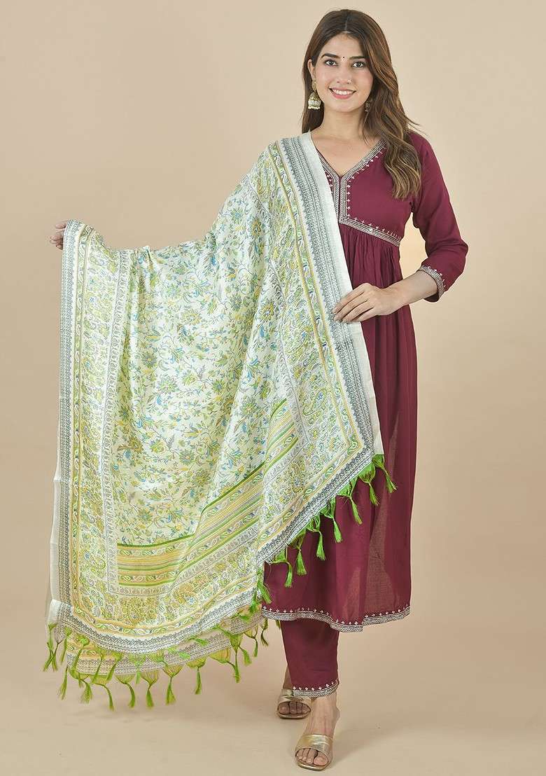 White Poly Blend Ethnic Motifs Printed Kalamkari Dupatta - Indya
