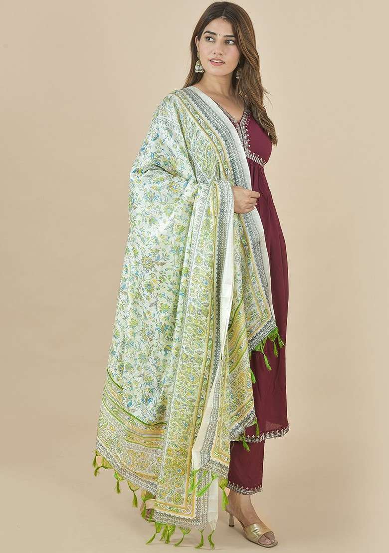 White Poly Blend Ethnic Motifs Printed Kalamkari Dupatta - Indya