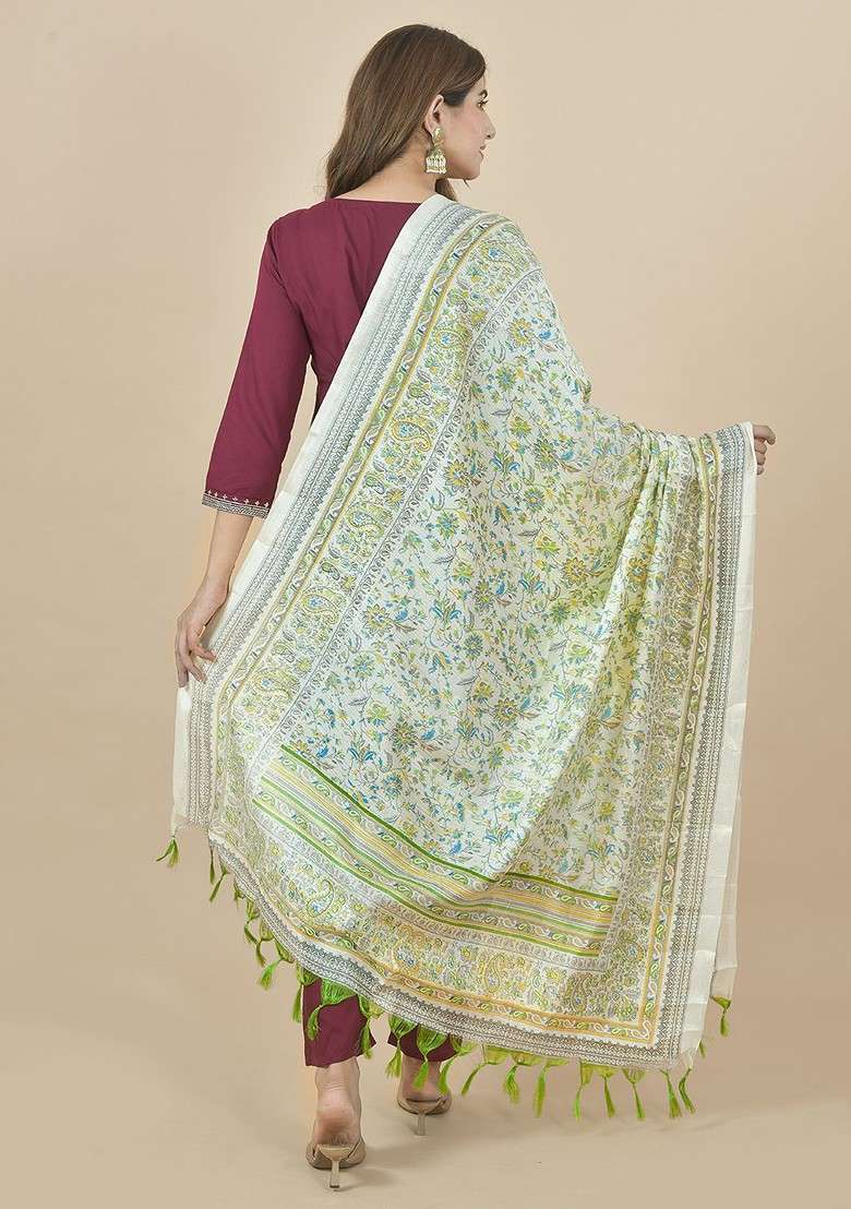 White Poly Blend Ethnic Motifs Printed Kalamkari Dupatta - Indya