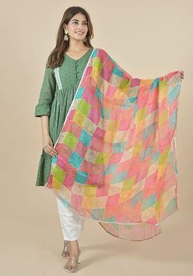 Pink Poly Blend Leheriya Printed Dupatta