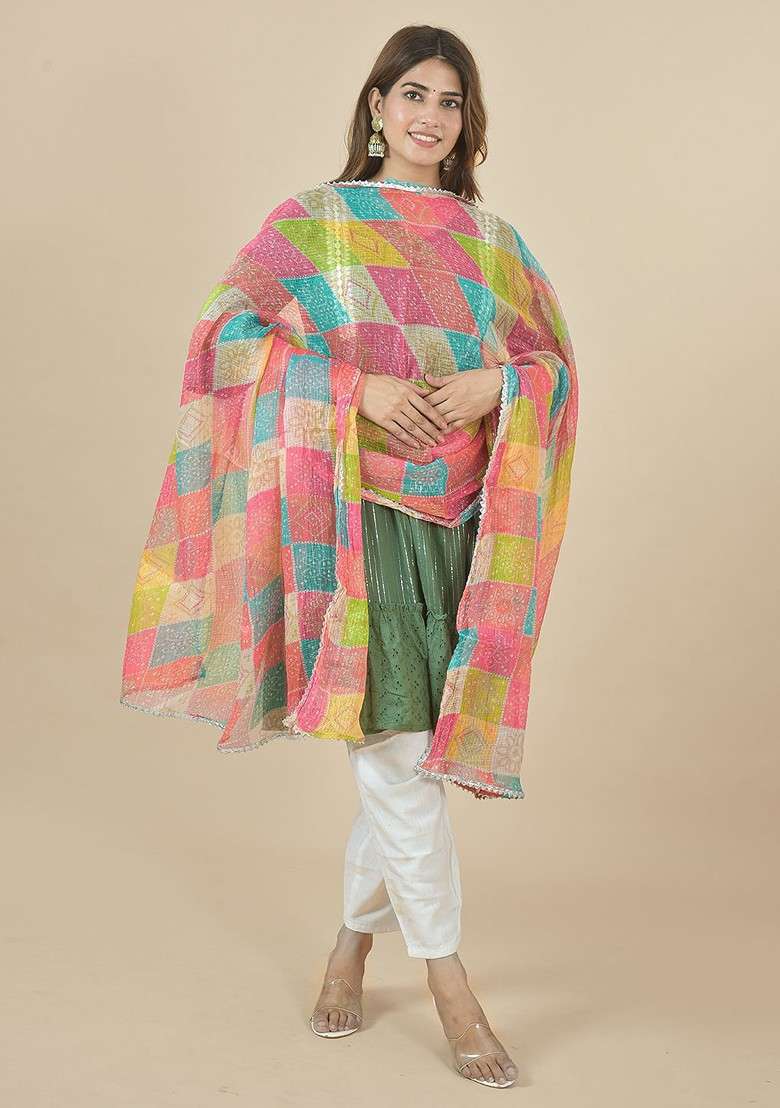 Pink Poly Blend Leheriya Printed Dupatta - Indya