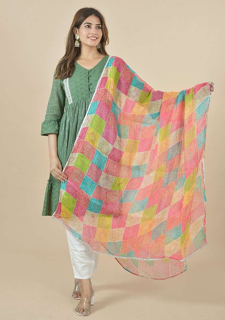 Pink Poly Blend Leheriya Printed Dupatta - Indya
